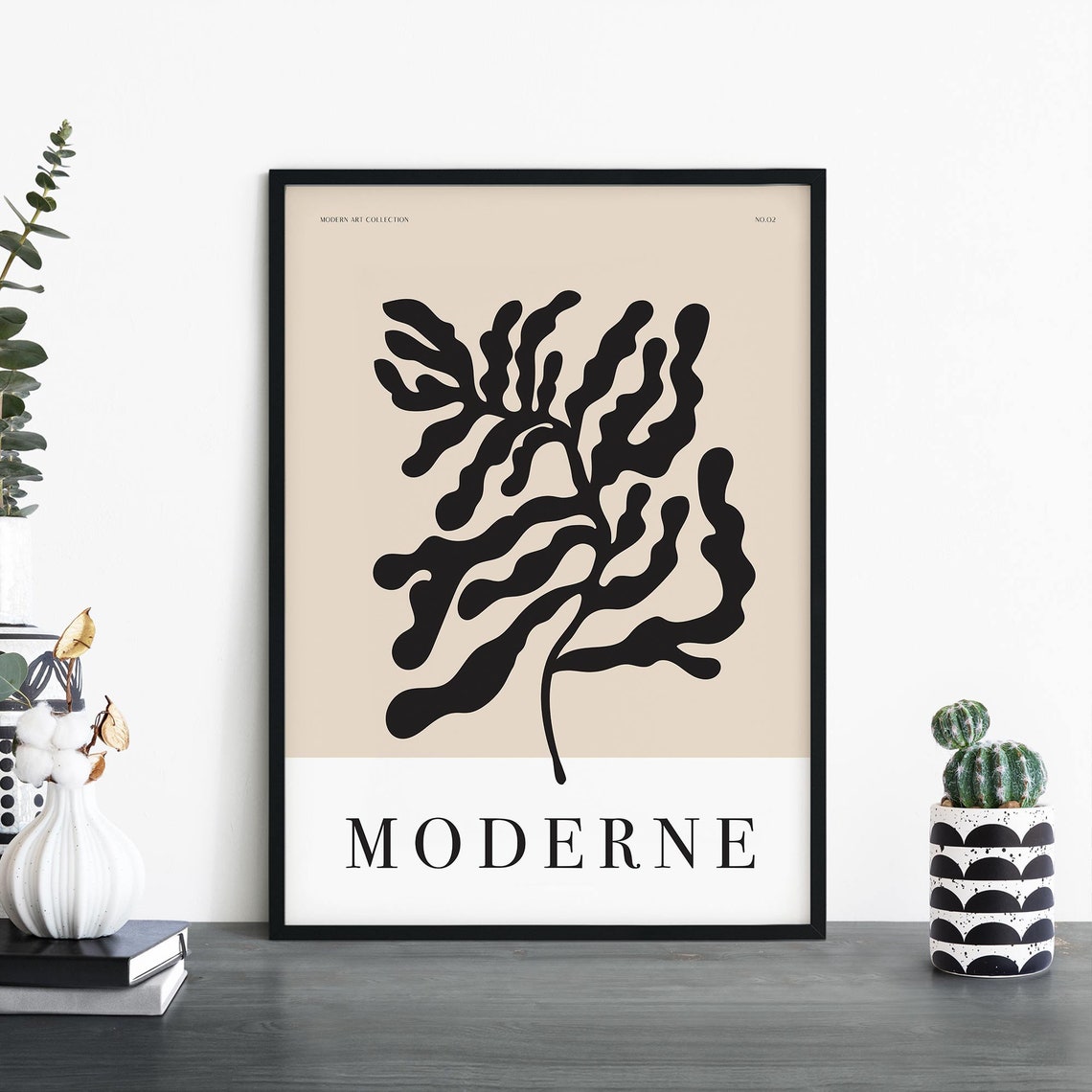 Moderne No 02 Modern Art Poster With Black Wavy Leaf Shape Design