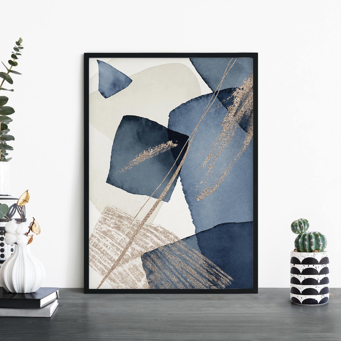 Navy Blue Cream Abstract Watercolor Shapes Gold Accent Art Print