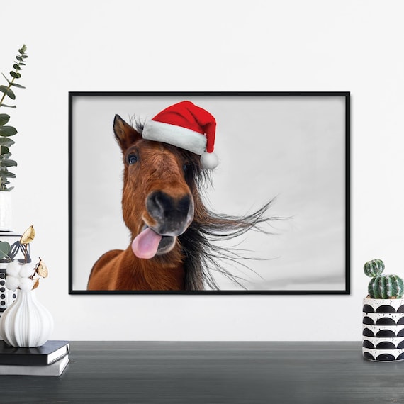 Funny Horse Wearing Santa Hat Sticking Tongue Out Christmas Wall Art