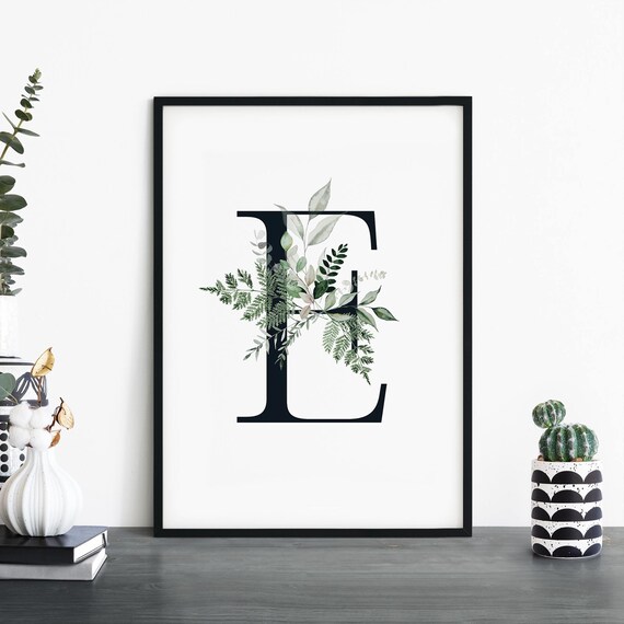 Botanical Letter E Monogram Print with Watercolor Green Foliage