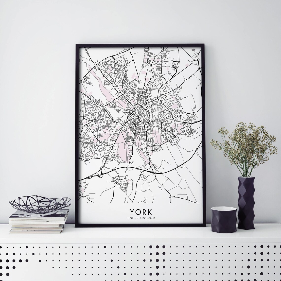 York United Kingdom Black White City Street Map Art Wall Poster
