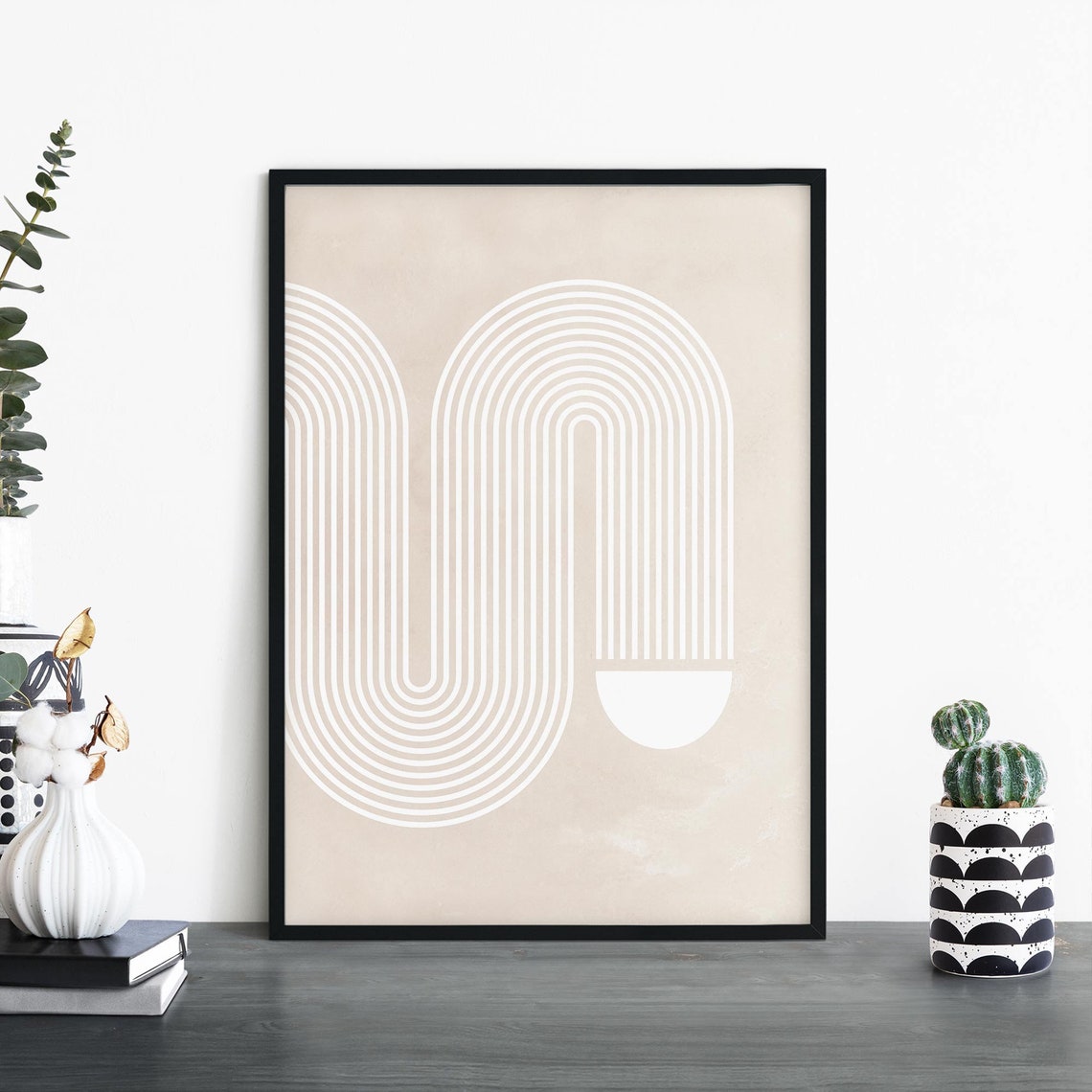 Twisty Beige White Concentric U Arch Minimal Abstract Decor Poster