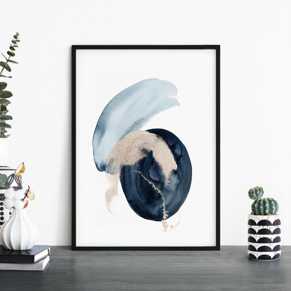 Navy Circle Gold Glitter Abstract Watercolor Modern Decor Poster