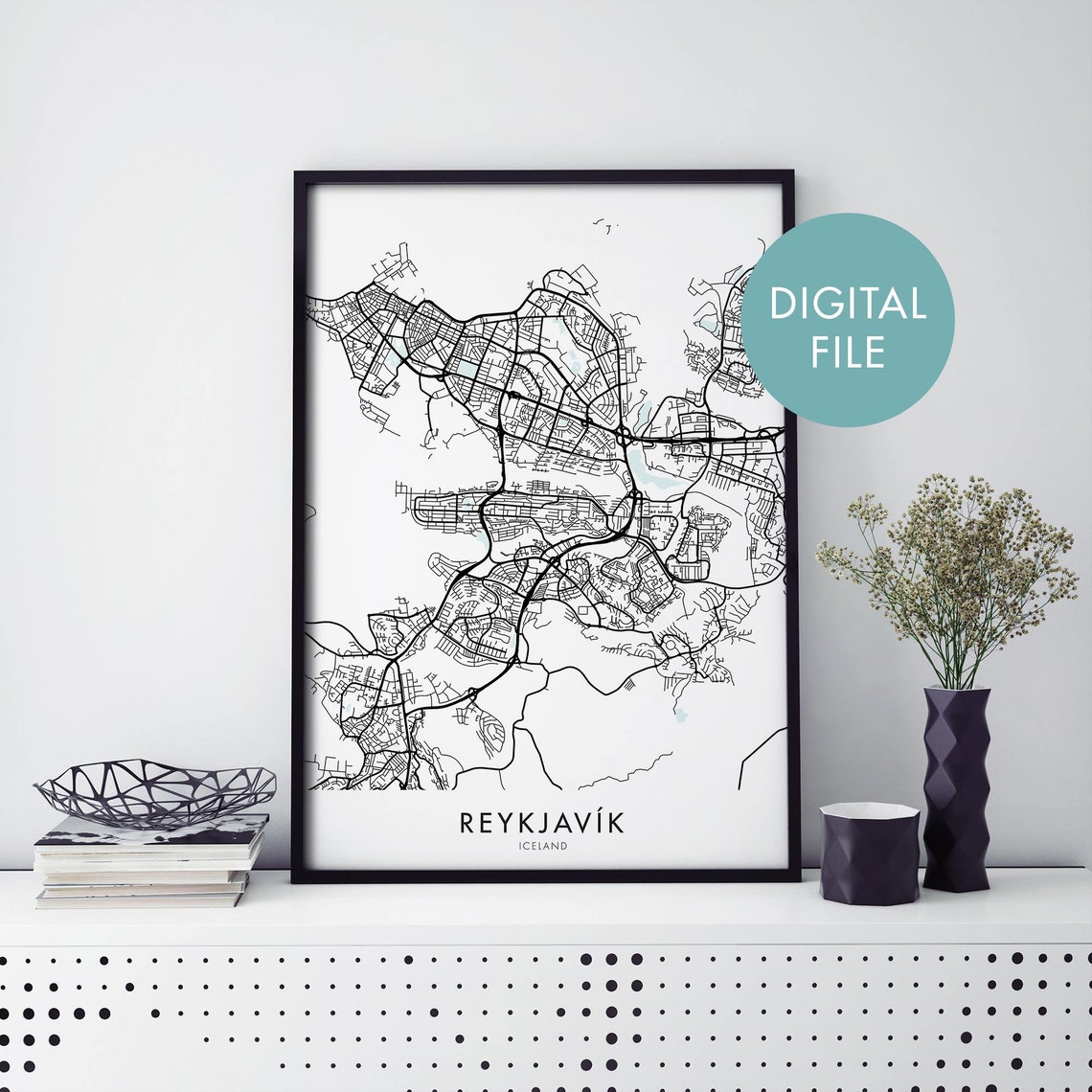 Reykjavik Iceland Minimalist City Street Map Line Art Poster