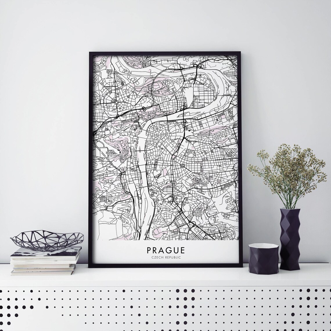Prague Czech Republic Detailed Monochrome City Street Map Art Poster