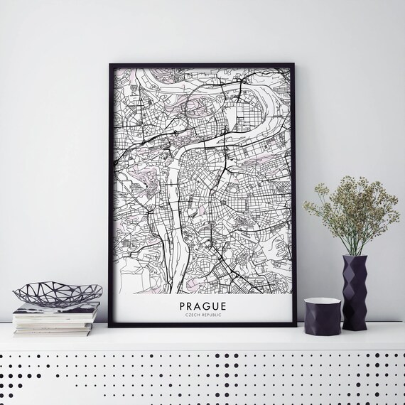 Prague Czech Republic Detailed Monochrome City Street Map Art Poster