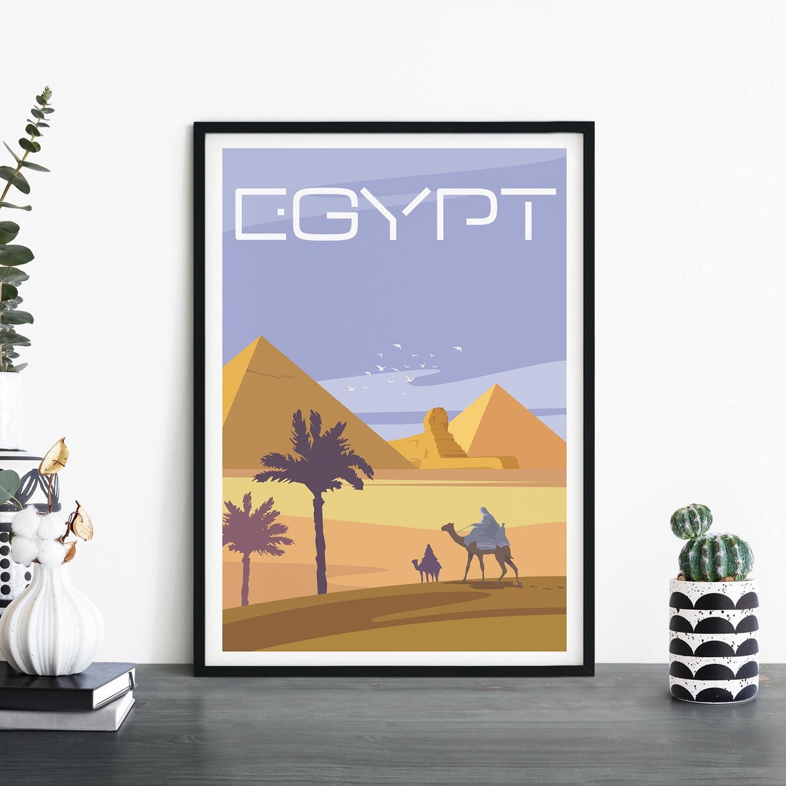 Egypt Pyramids Sphinx Camel Caravan Desert Sunset Travel Poster