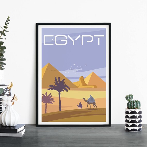 Egypt Pyramids Sphinx Camel Caravan Desert Sunset Travel Poster