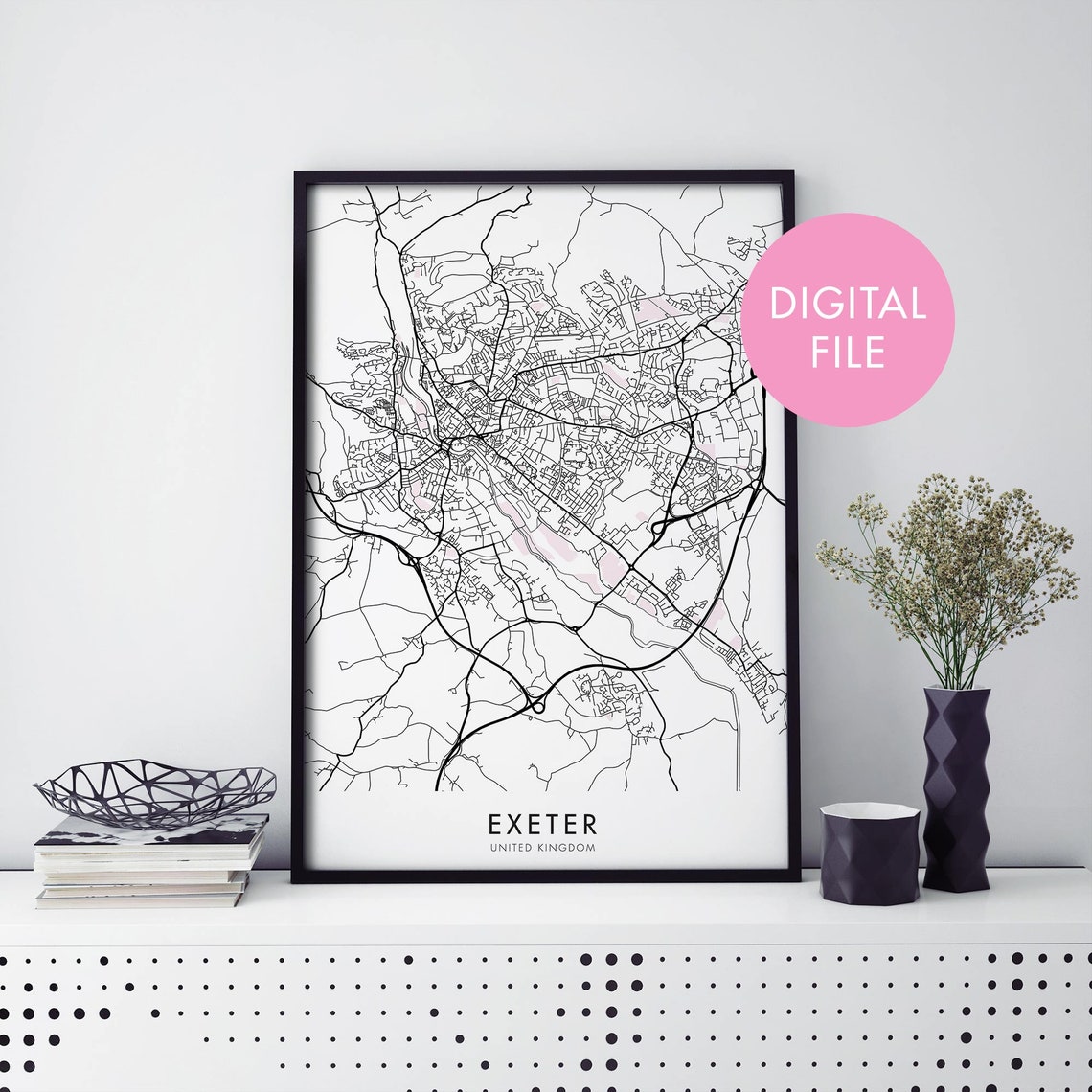 Exeter England Minimalist Pink Line Art City Map Street Poster