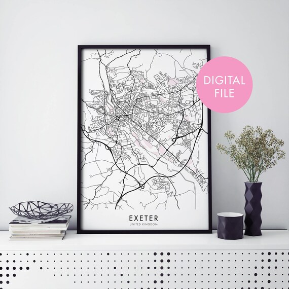 Exeter England Minimalist Pink Line Art City Map Street Poster