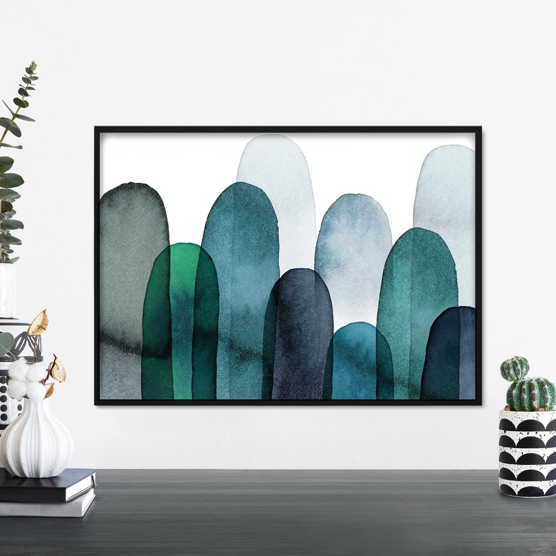 Watercolor Arch Domes Landscape Poster In Teal Green Blue Tones