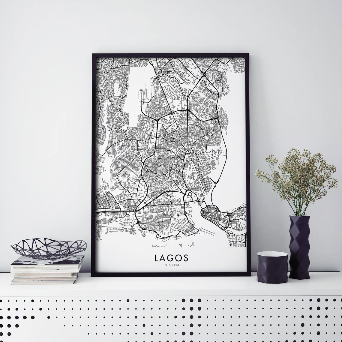 Lagos Nigeria Minimalist Black White City Street Map Decor Poster