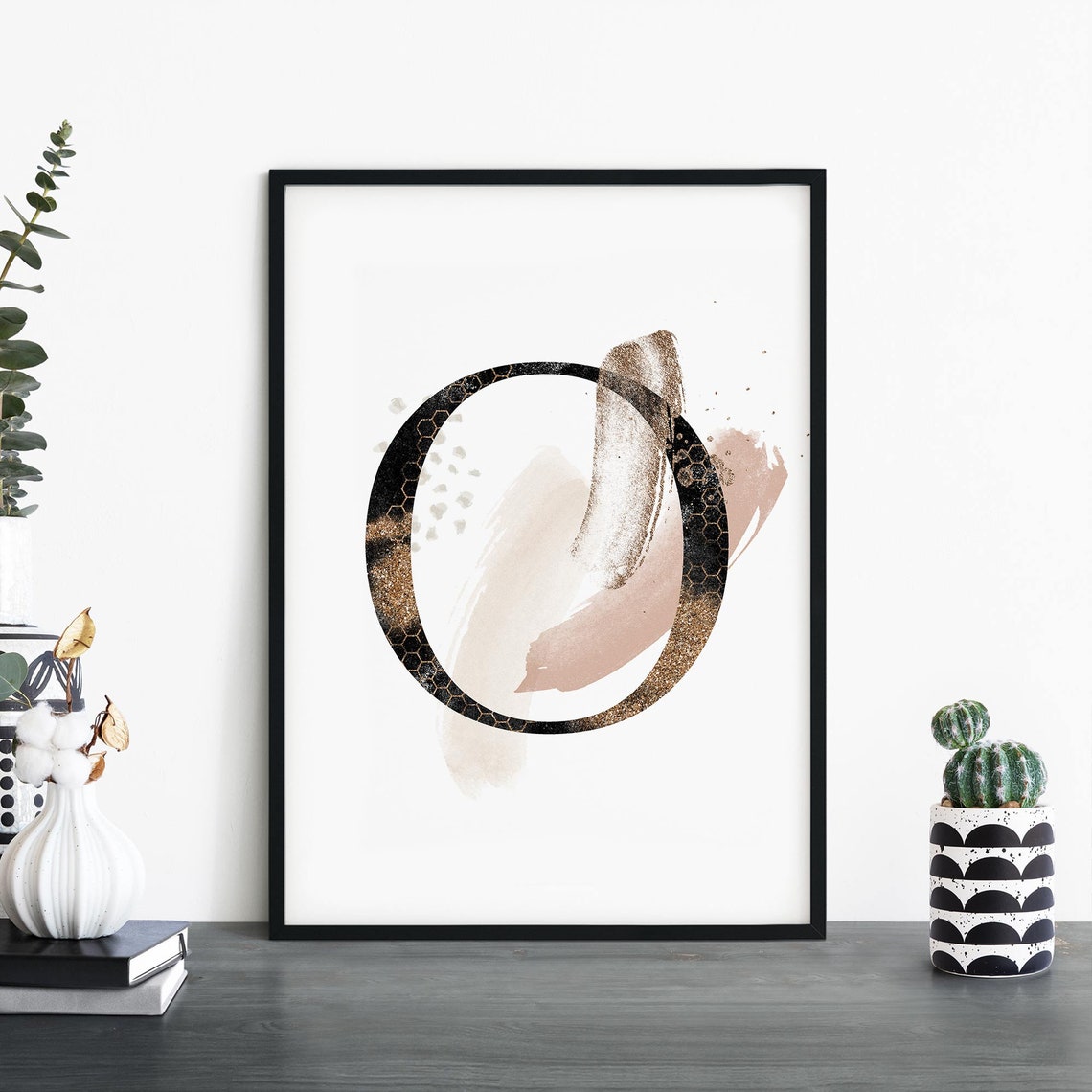 Gold Glitter Letter O Monogram Blush Watercolor Modern Wall Art
