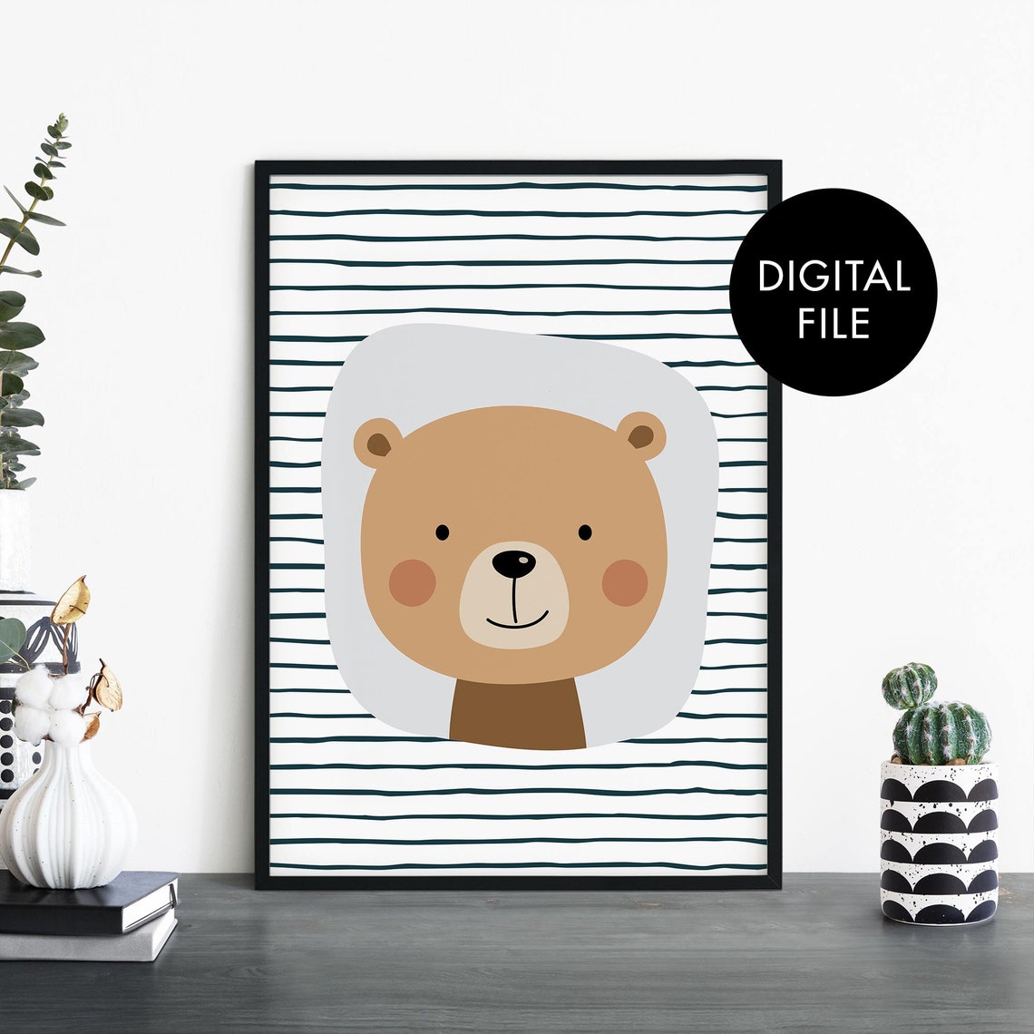 Happy Brown Bear Nursery Print On Striped Background For Kids Rooms