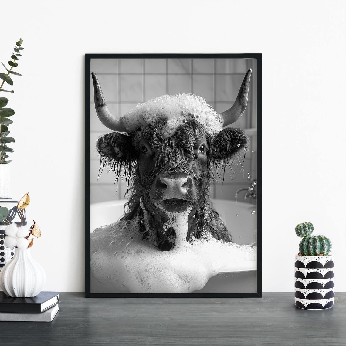 Bathtime Highland Cow in Bubble Bath Funny Animal Photo Poster