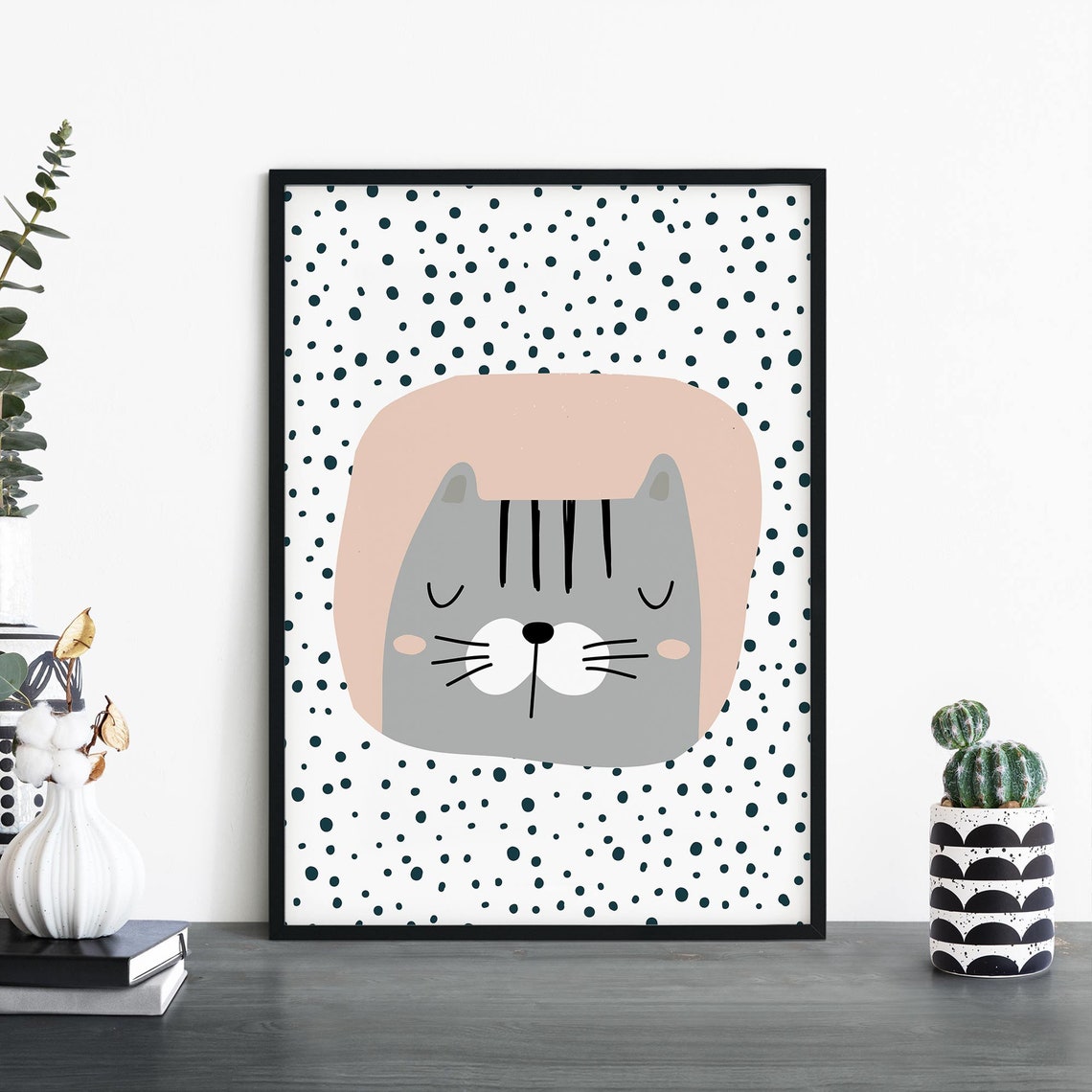 Adorable Grey Kitten Face Polka Dot Modern Baby Nursery Wall Art