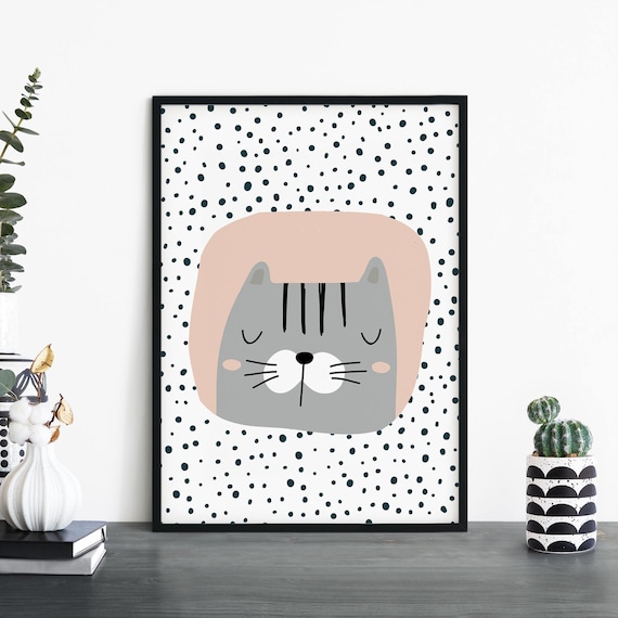 Adorable Grey Kitten Face Polka Dot Modern Baby Nursery Wall Art