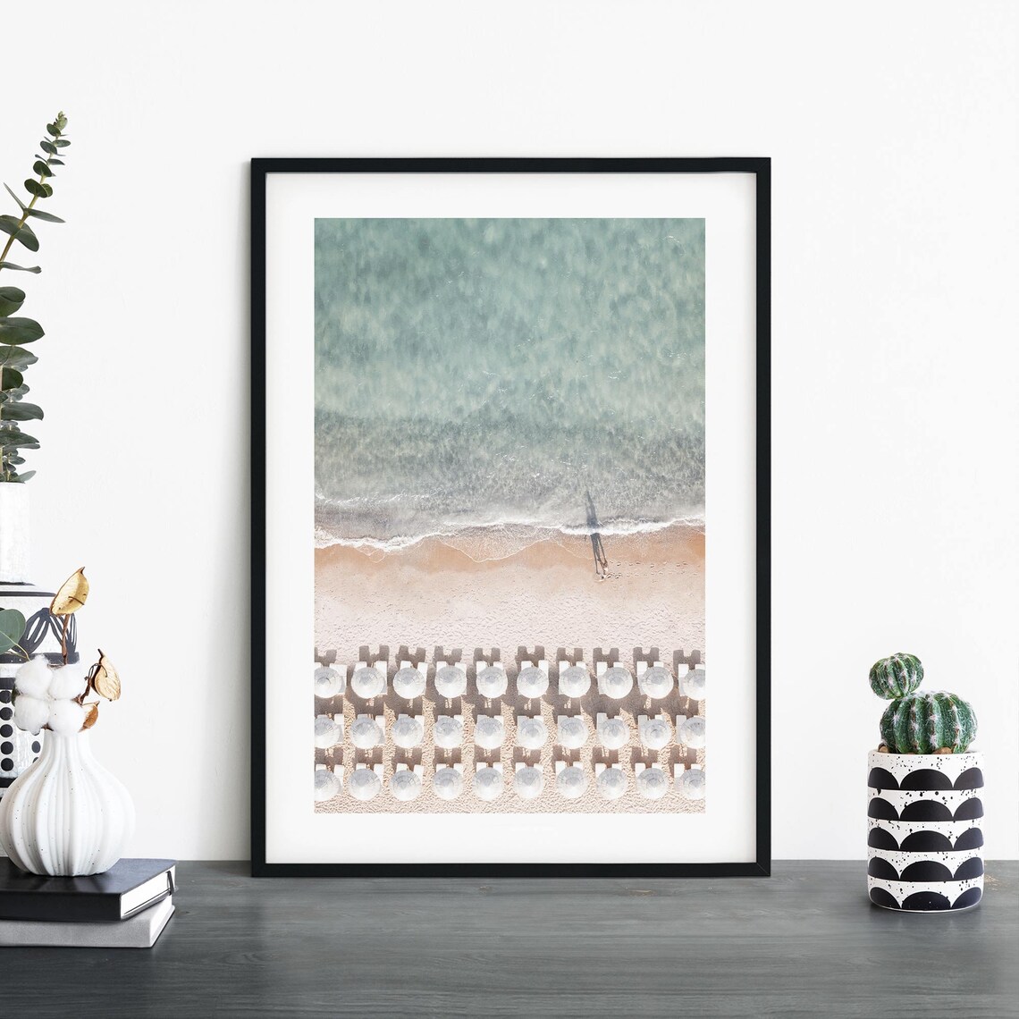 Aerial Beach Umbrellas Rows Turquoise Shoreline Drone Wall Art