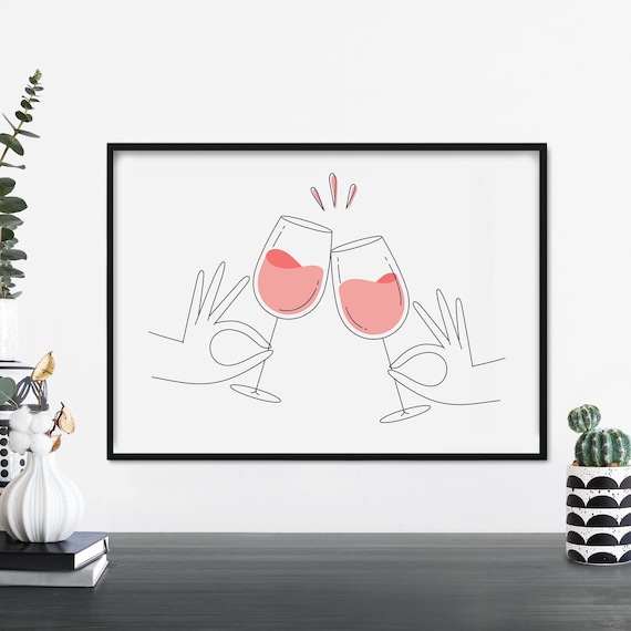 Rosé Wine Glasses Cheers Toast Minimalist Line Art Bar Poster