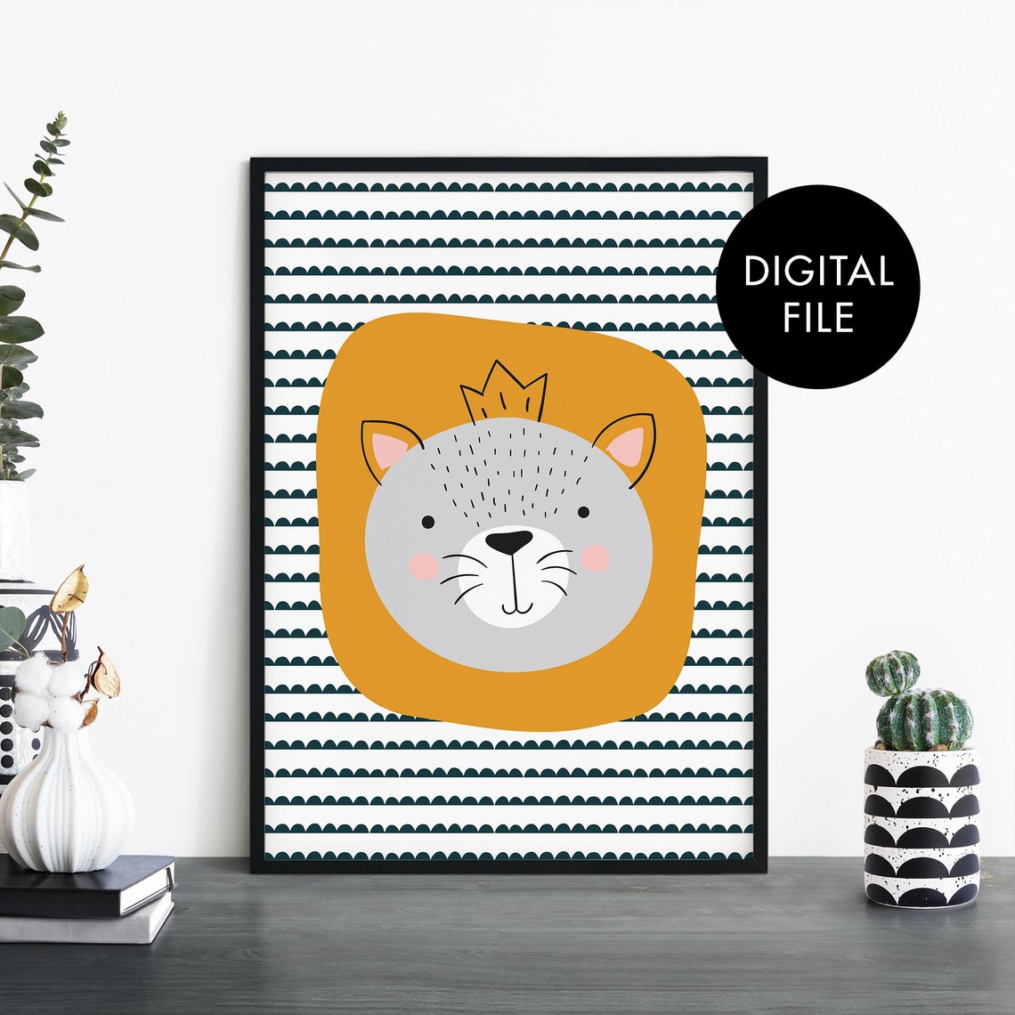 Cute Crowned Mouse Face Kids Nursery Print Mustard Yellow Decor