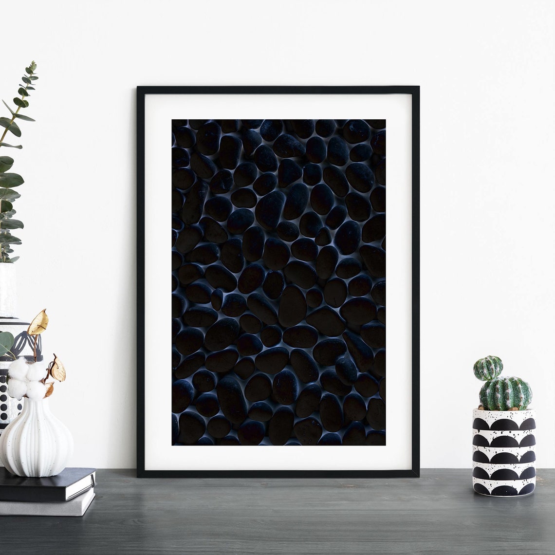 Dark Black Pebbles Stone Pattern Moody Minimalist Photo Print