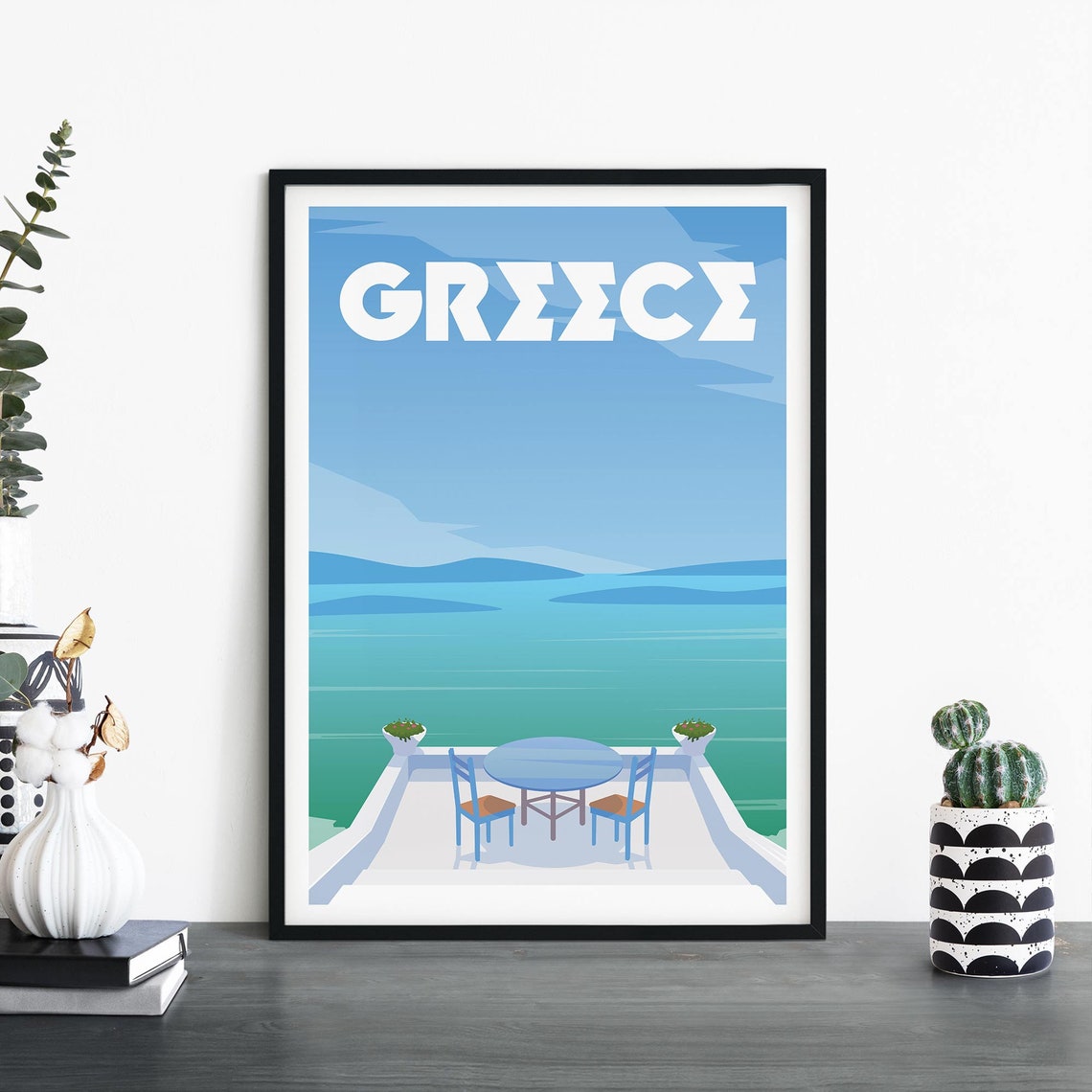 Greece Seaside Terrace Overlooking the Calm Aegean Sea Poster