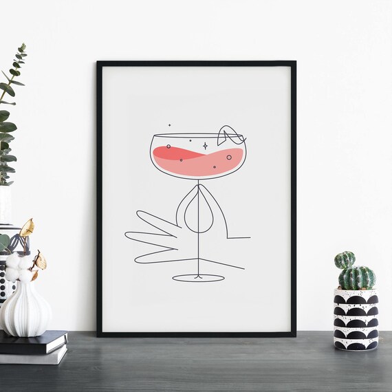 Hand Holding Blush Daiquiri Coupe Glass Minimal Line Art Print