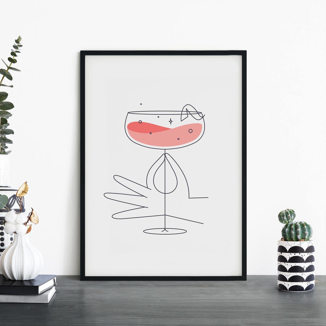 Hand Holding Blush Daiquiri Coupe Glass Minimal Line Art Print