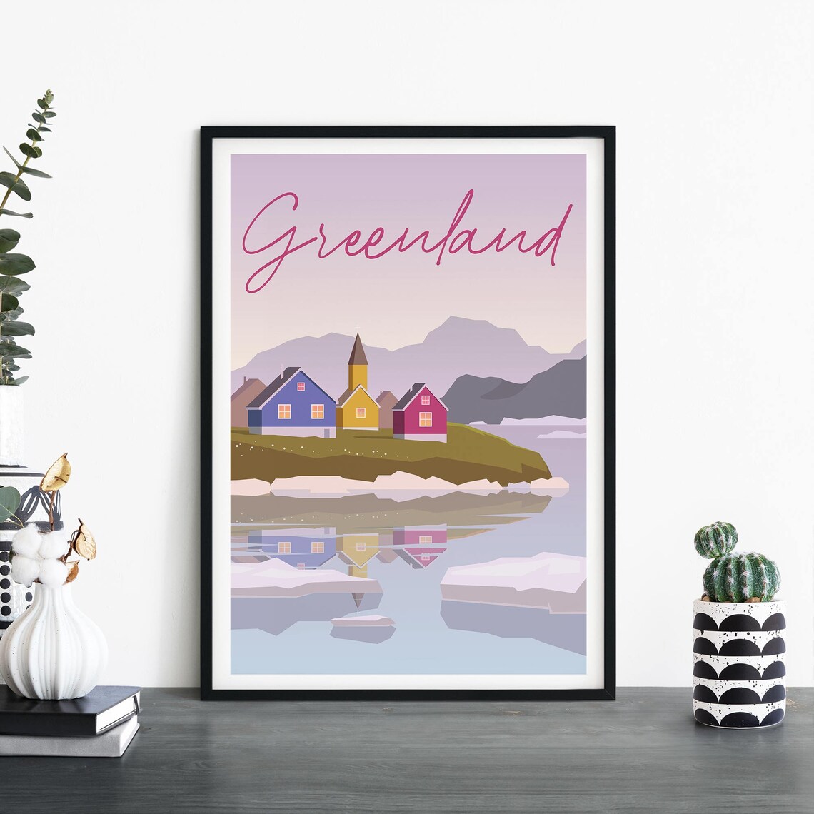 Greenland Colorful Arctic Houses Water Reflection Travel Poster