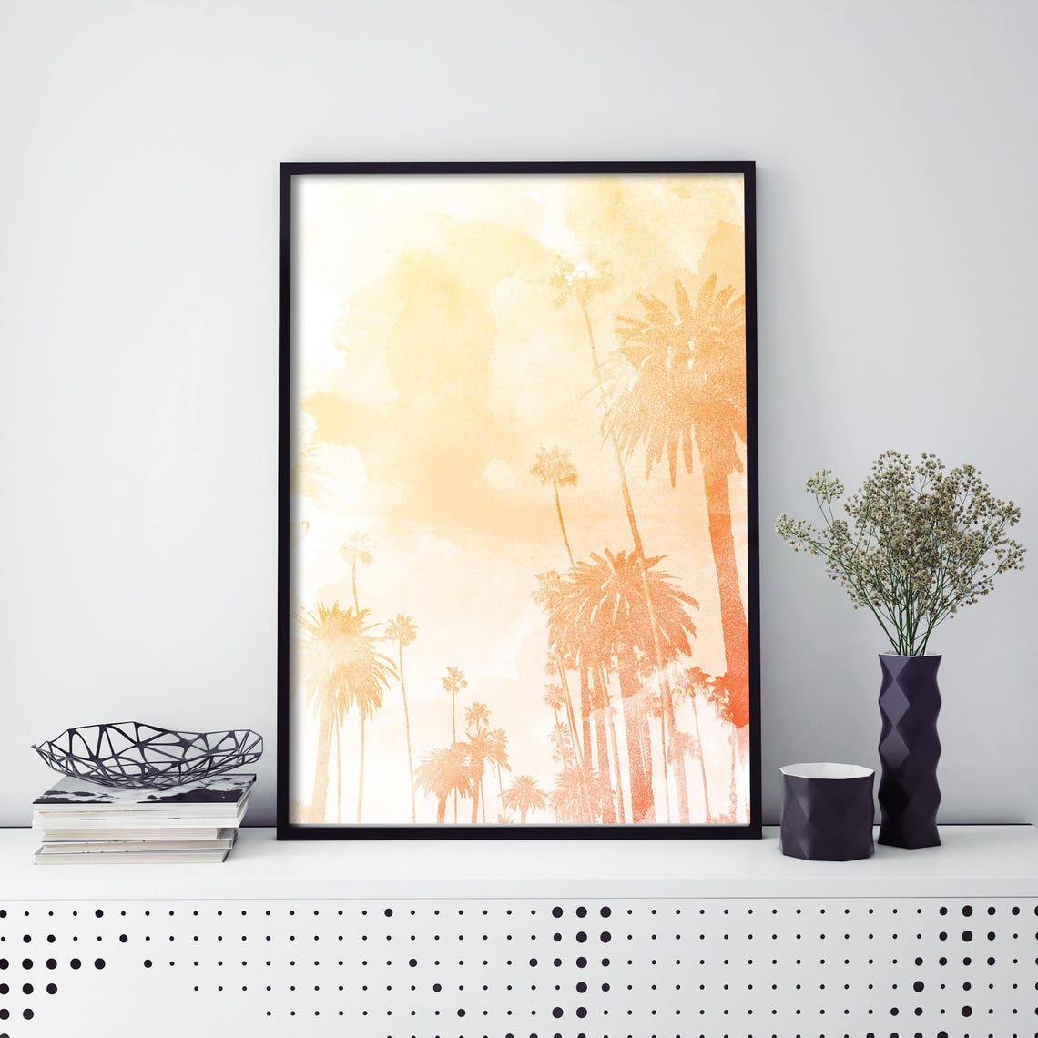 Golden Palm Trees Sunset Watercolor Los Angeles Beach Art Print