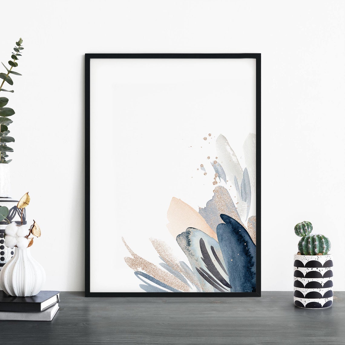 Navy and Beige Sweeping Strokes Abstract Watercolor Modern Poster