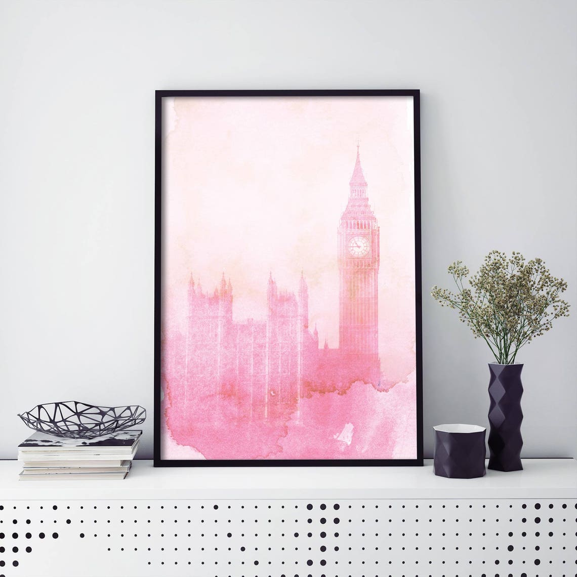 London Big Ben Pink Watercolor Palace Of Westminster Skyline Poster