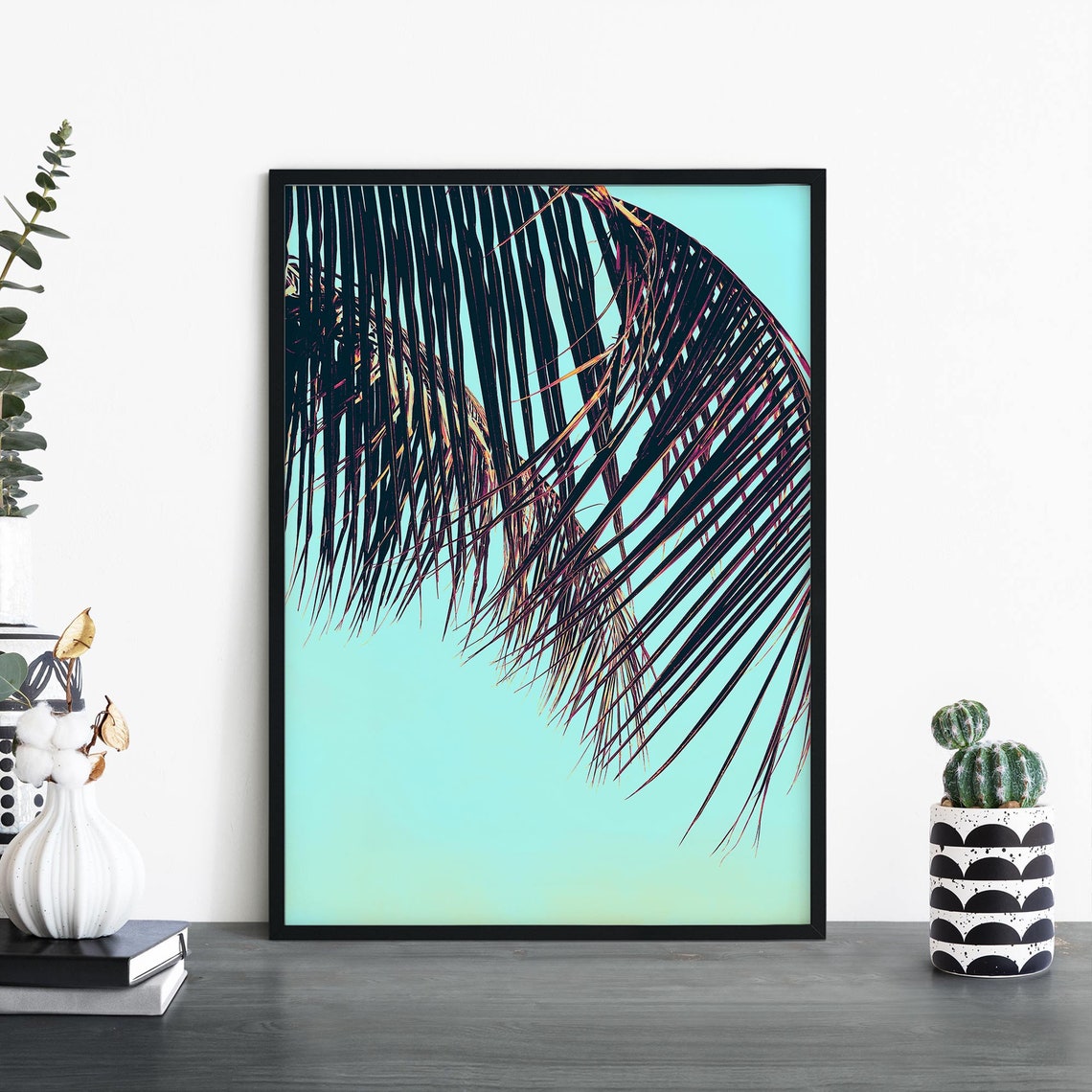 Dark Palm Fronds Against Turquoise Sky Tropical Close Up Poster