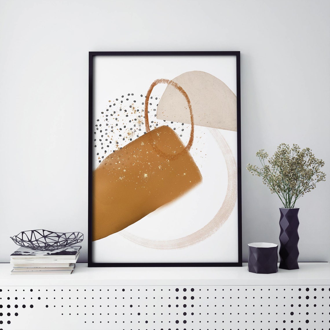 Gold Tan Arcs Speckled Dots Abstract Minimalist Modern Wall Art