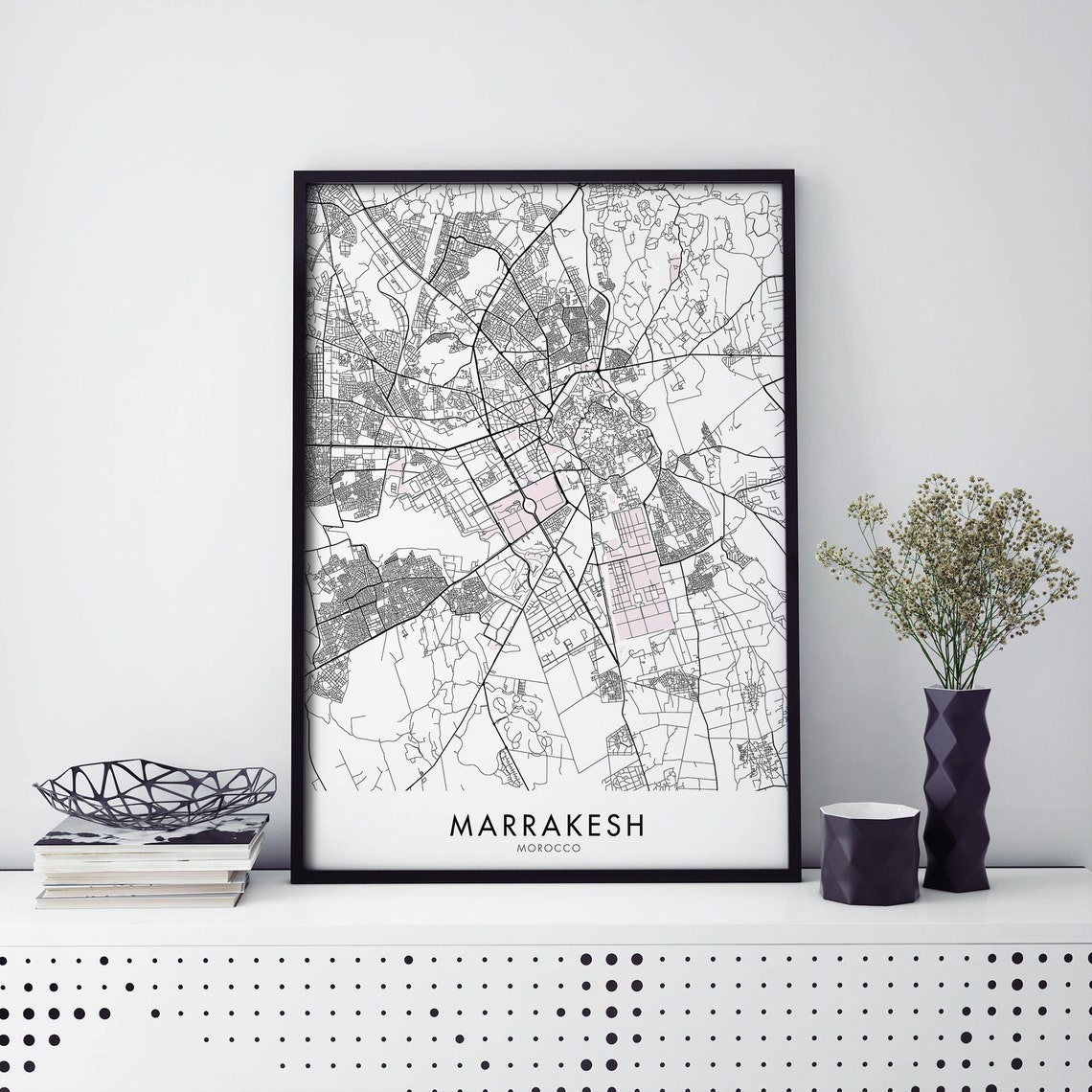 Marrakesh Morocco Monochrome City Street Map Grid Framed Style Poster