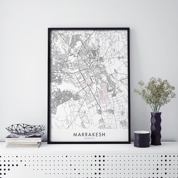 Marrakesh Morocco Monochrome City Street Map Grid Framed Style Poster