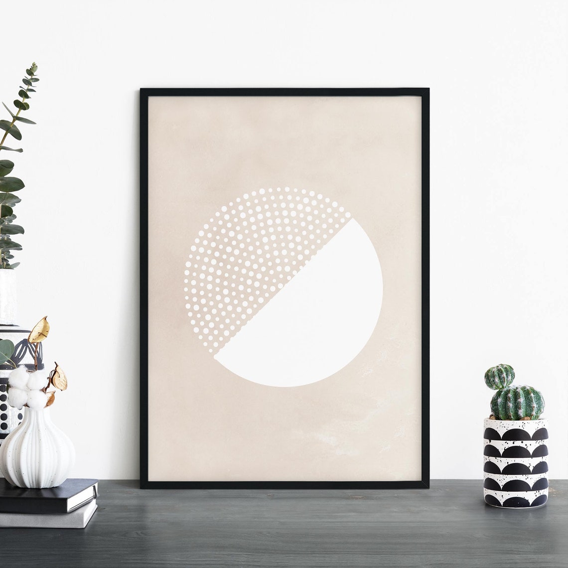 Beige Neutral Abstract Circle Dotted Half Geometric Modern Poster