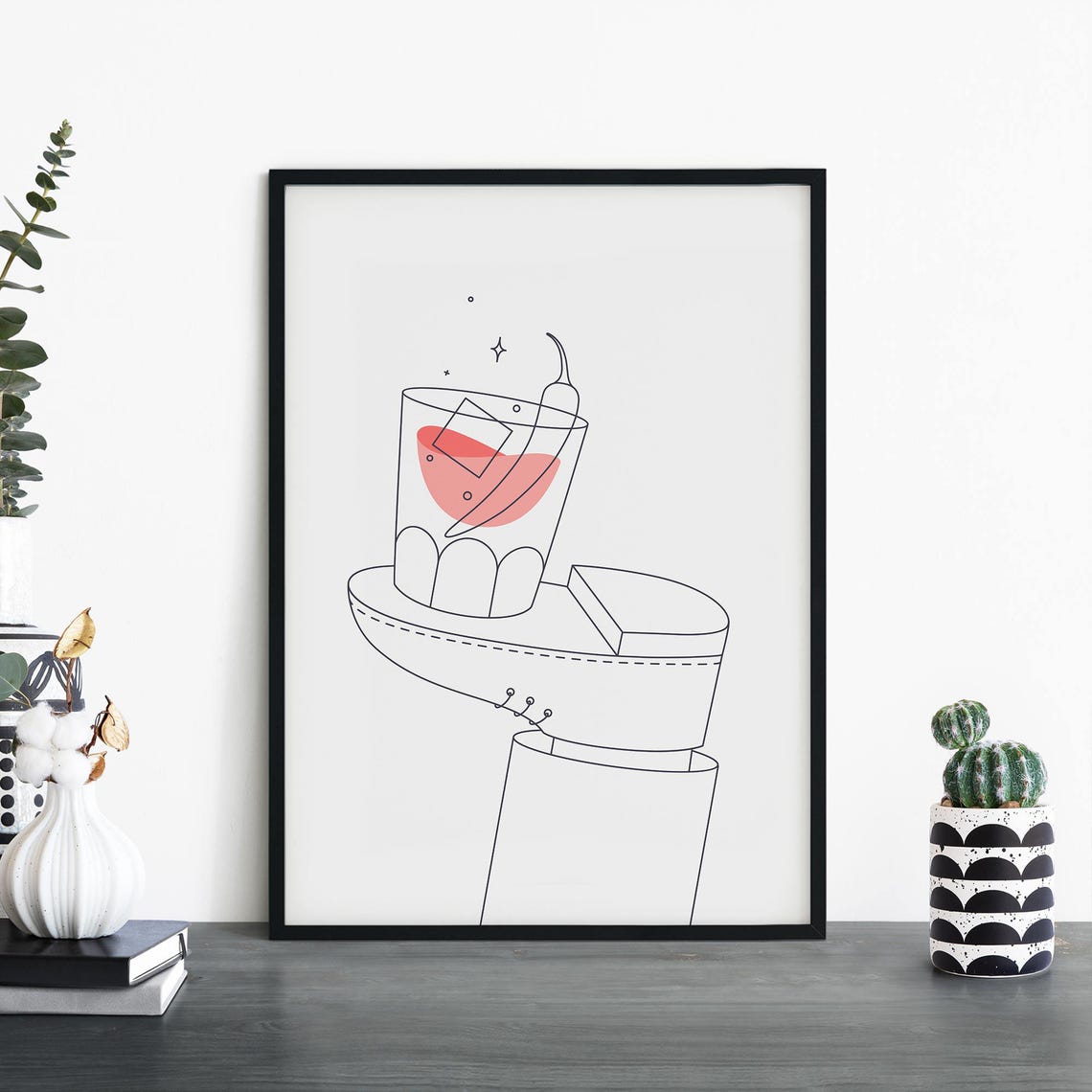 Spicy Margarita on a Shoe Minimalist Cocktail Line Art Poster