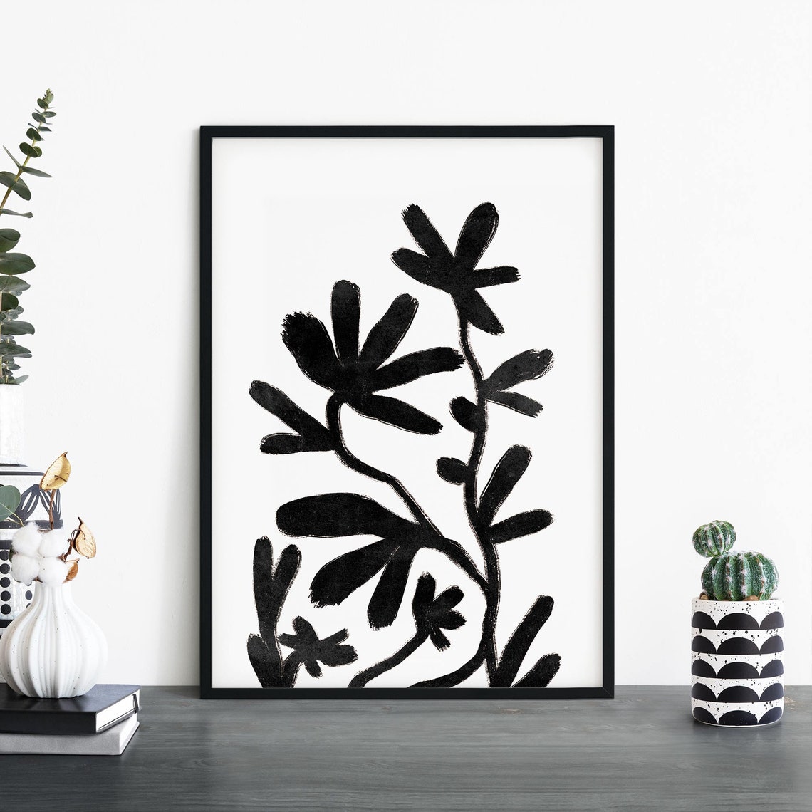 Black Ink Blossom Stems Monochrome Floral Abstract Art Poster