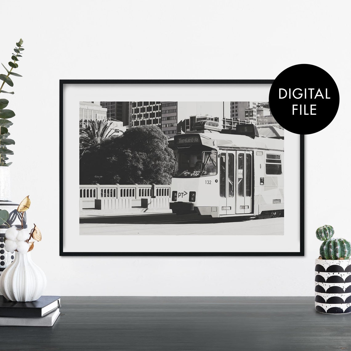 Melbourne Tram Number 132 Crossing a Bridge in Black and White Poster