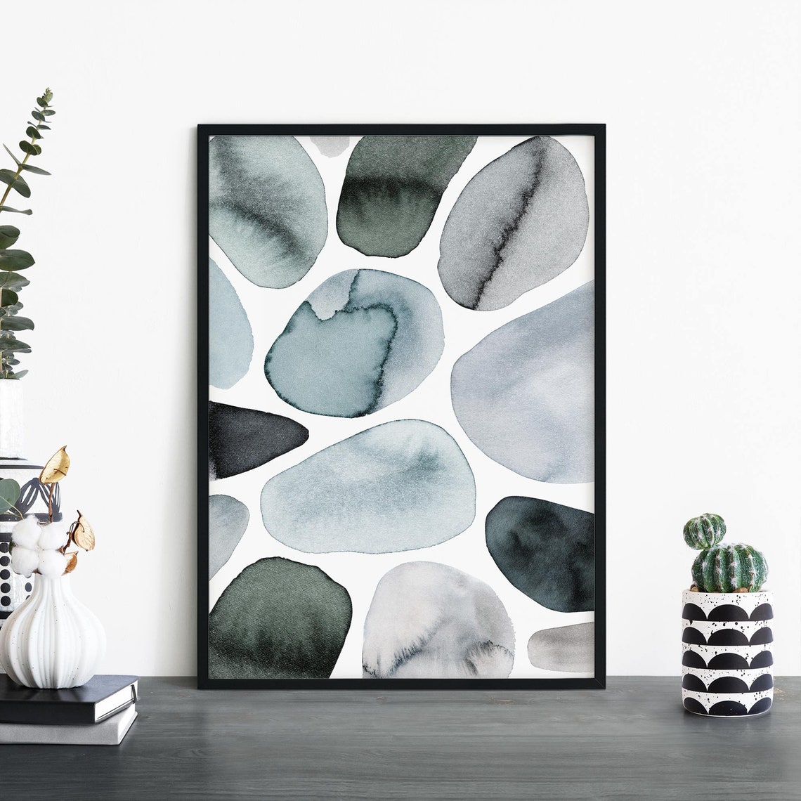 Modern Watercolor Pebbles Abstract Grey Blue Stone Shapes Print