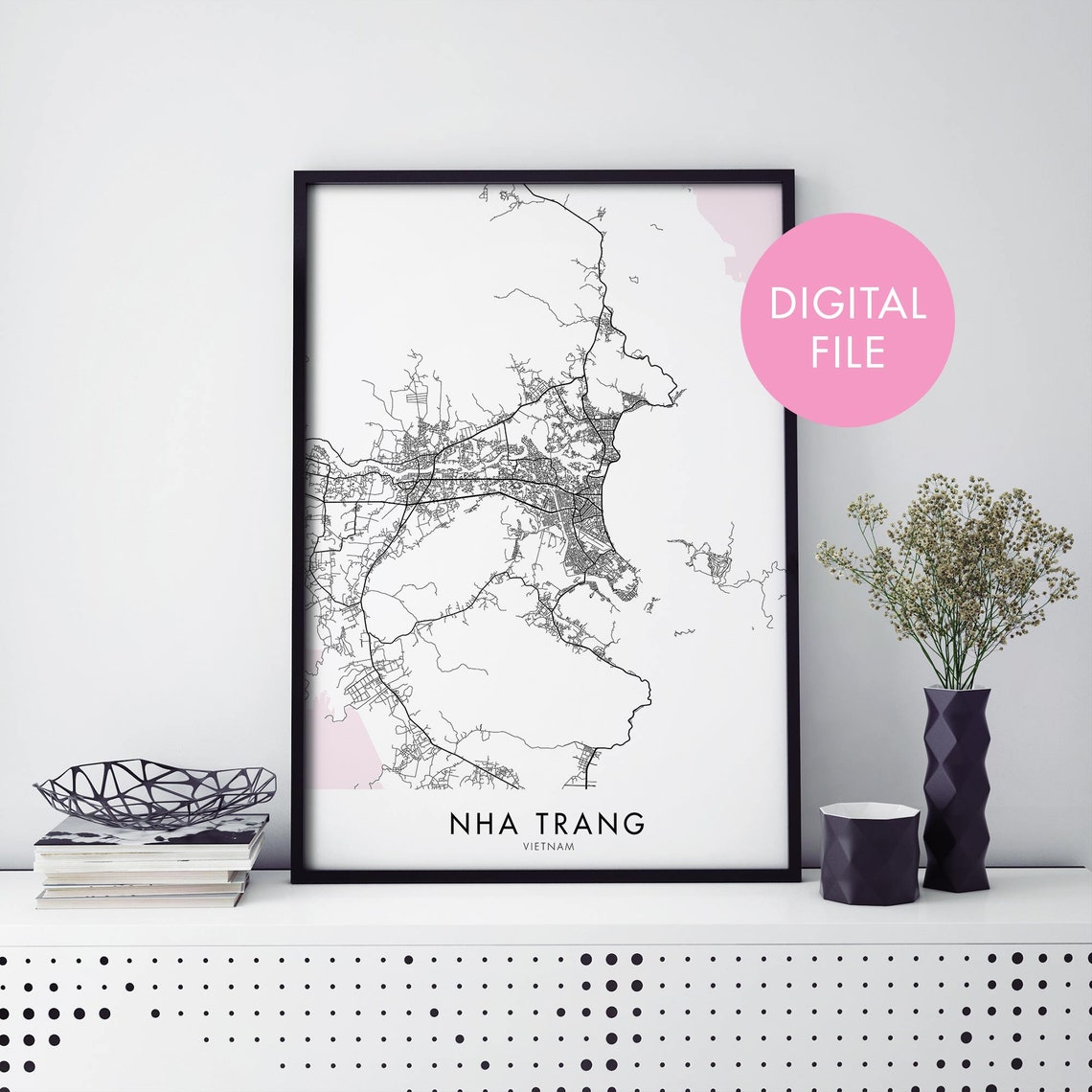Nha Trang Vietnam City Map Modern Monochrome Digital Art Poster