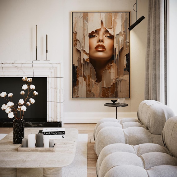 Torn Paper Woman Face Abstract Beige Impasto Modern Art Poster