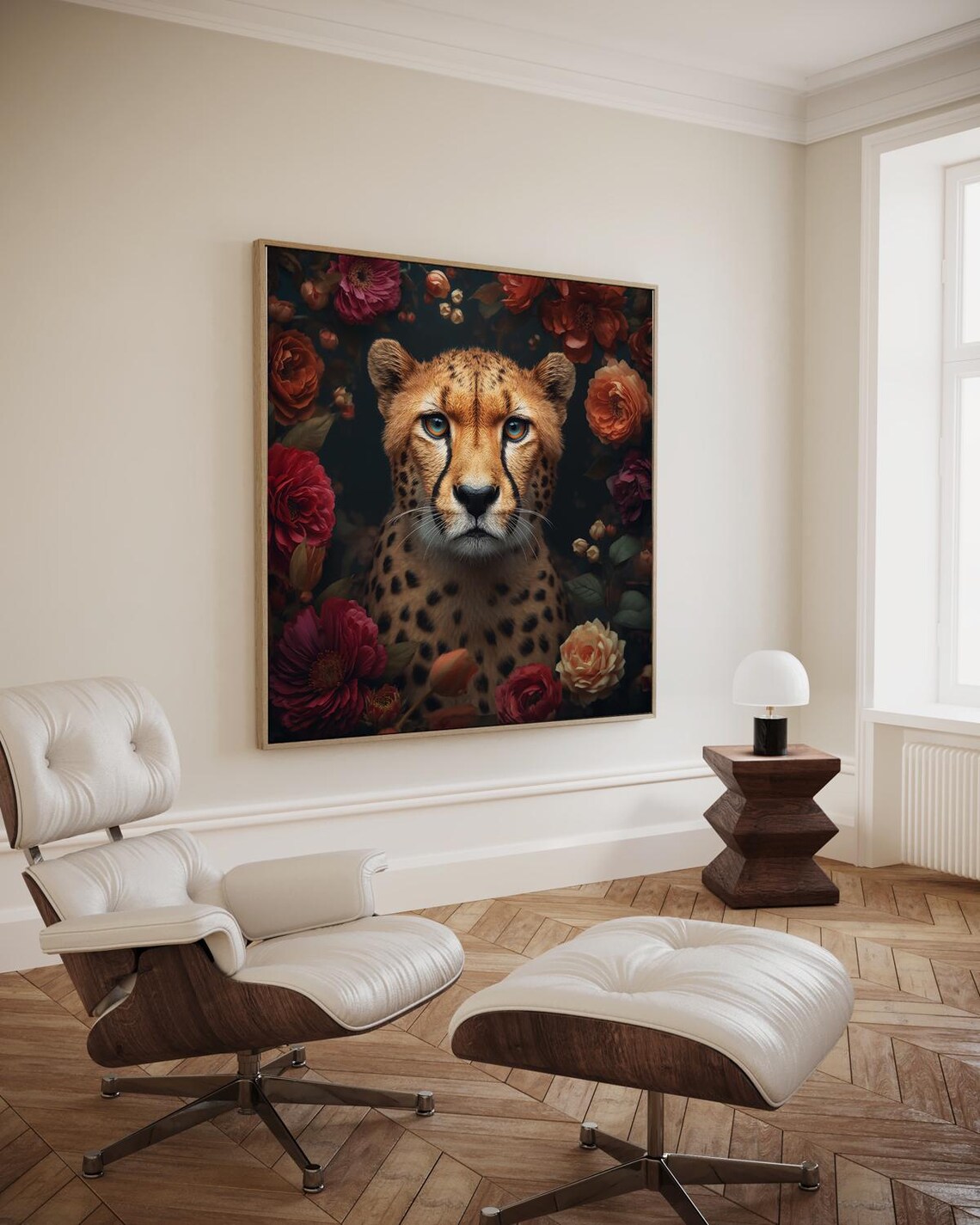 Cheetah with Blue Eyes Among Dark Red Flowers Wildlife Portrait Poster