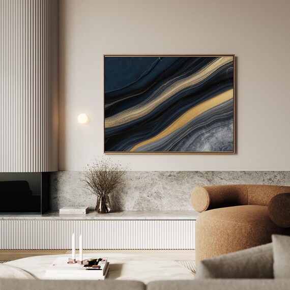 Golden Sparkling Streams Navy Gold Abstract Marble Flow Poster