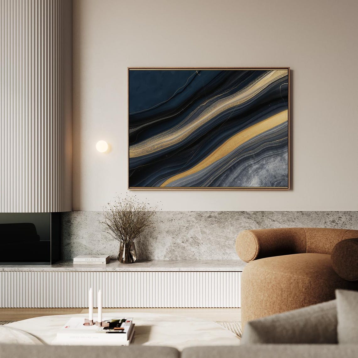 Golden Sparkling Streams Navy Gold Abstract Marble Flow Poster