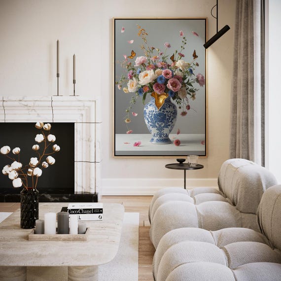 Flowery Composition With Butterflies In Blue Vase Artwork Wall Art