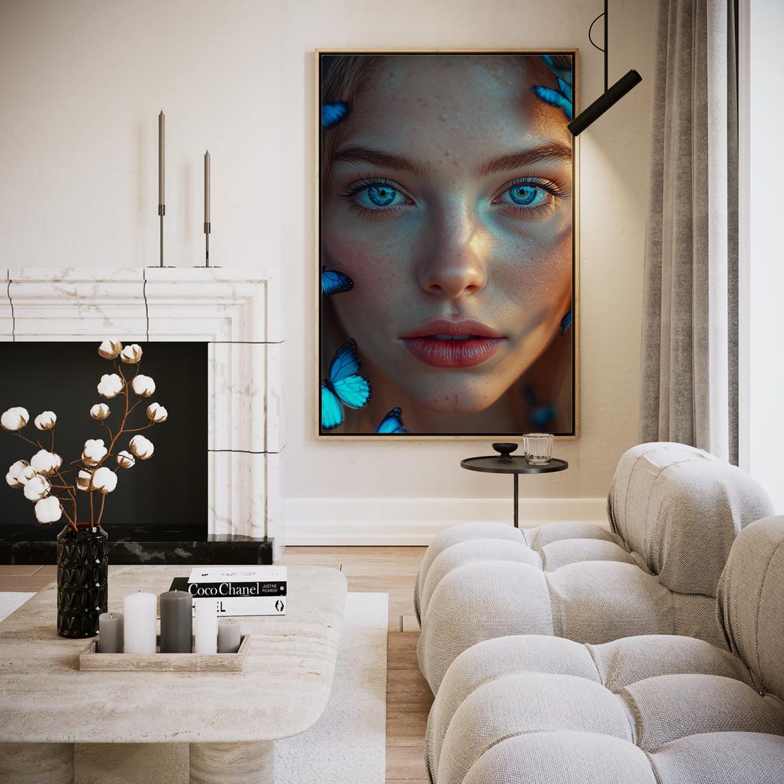 Woman with Striking Blue Eyes and Blue Butterflies Portrait Wall Art