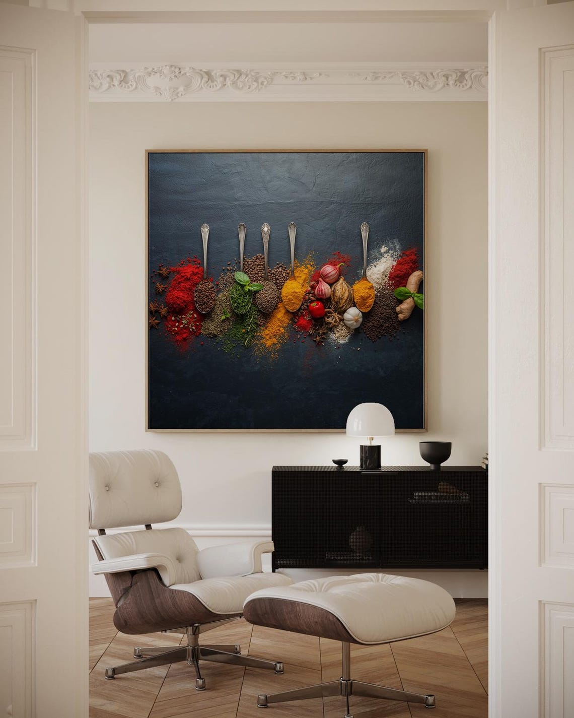 Spice Filled Spoons with Red Chilies on Dark Kitchen Photo Poster