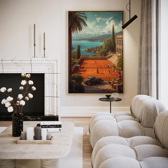 Tennis Match By The Lake With Mountain View Artwork Wall Art